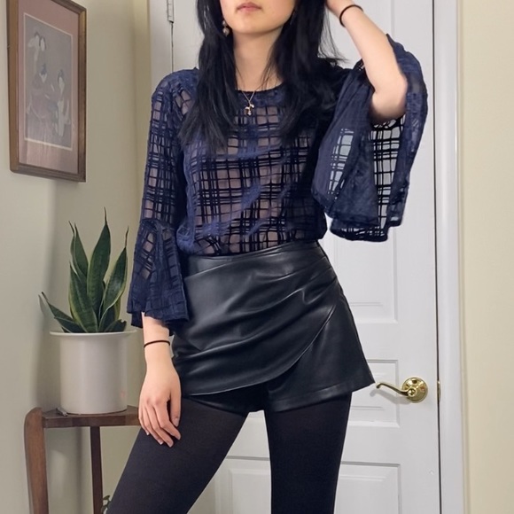 Lauren Conrad Navy Sheer Velvet Top Blouse with Bell Sleeves - Picture 2 of 13
